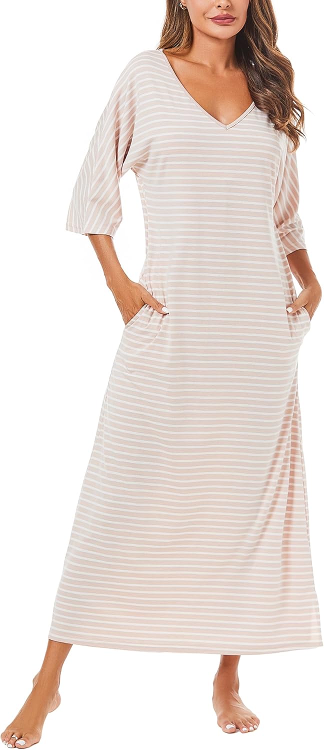 Uniexcosm Nachthemd Damen Lange Baumwolle 3/4 Ärmel Nachtkleid Nachtwäsche V-Ausschnitt Freizeitklei