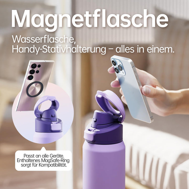 Magcheer Trinkflasche mit Handyhalterung 750ml Magnetische Wasserflasche 360° Verstellbar Flasche Ma