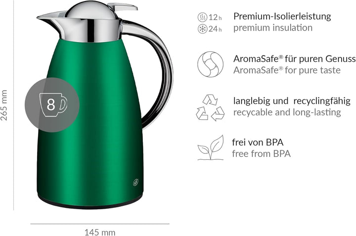 alfi SIGNO 1.0l, satin grün, Edelstahl-Isolierkanne mit hygienischem Hartglaseinsatz, Drehverschluss