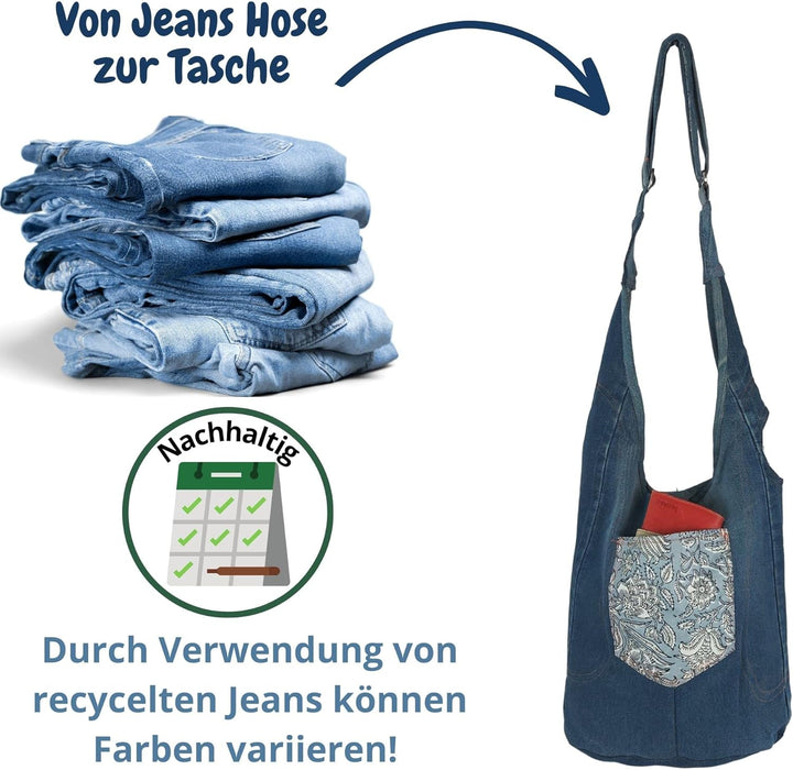 Sunsa Damen nachhaltige Hobo Tasche. Umhängetasche aus recycelte Jeans & Baumwolle. Boho blumig Cros