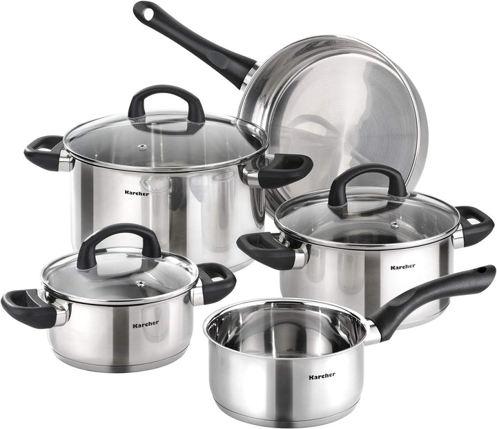 Karcher Topfset Mia aus Edelstahl, Kochgeschirr Induktion-Kochtopf-Set, Töpfe mit Glasdeckel/Pfanne/