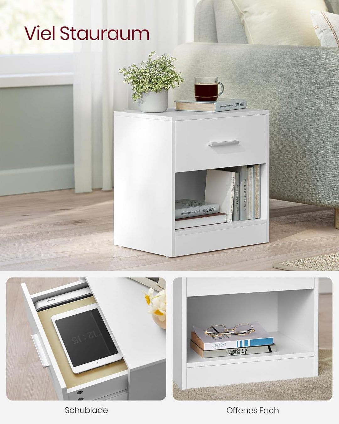 VASAGLE Nachttisch, 2er Set, Beistelltisch, mit Schublade, Griff, offenes Fach, Couchtisch, für Schl