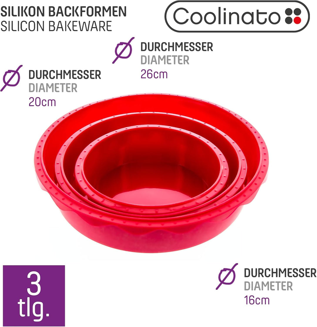 Coolinato 3er Set Silikon Backformen rund 16 cm 20 cm und 26 cm, Rot, Silikonformen zum Backen von K