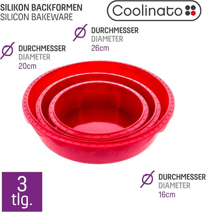 Coolinato 3er Set Silikon Backformen rund 16 cm 20 cm und 26 cm, Rot, Silikonformen zum Backen von K
