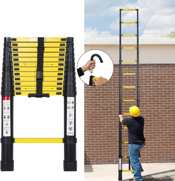 Eulenke 3,8M Teleskopleiter, Rutschfester Aluminium Multifunktionsleiter mit 2 Haken, Ausziehleiter