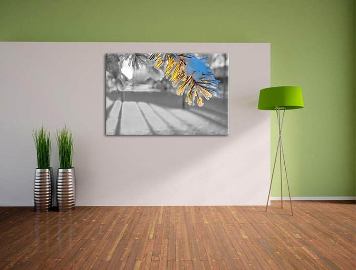 Tannenzweig im Winterwald schwarz/weiss Format: 100x70 auf Leinwand, XXL riesige Bilder fertig gerah