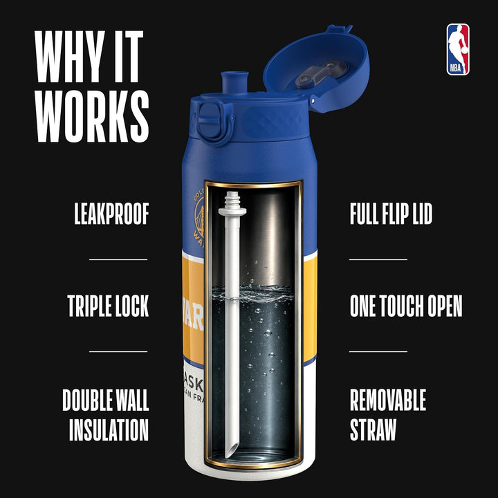 NBA Golden State Warriors Trinkflasche Mit Herausnehmbarem Strohhalm, 750ml/24oz, Auslaufsichere Iso