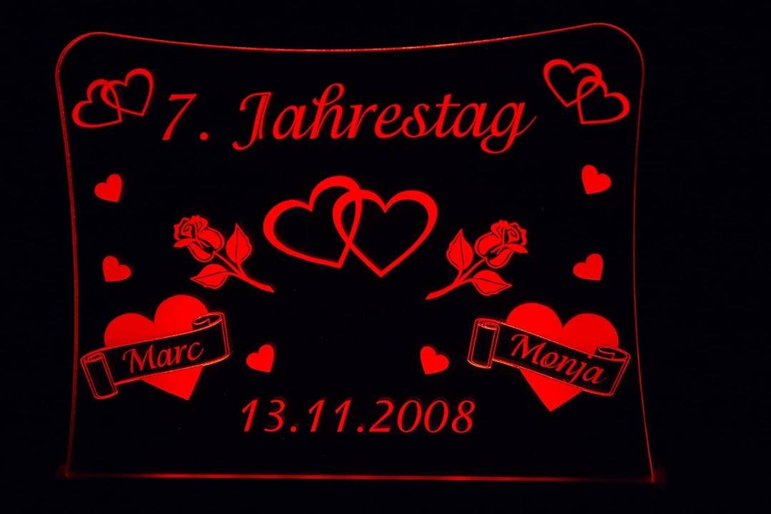LED Acrylglas Schild "Jahrestag", 30x20 cm, mit persönlicher Laser Gravur (rot), rot