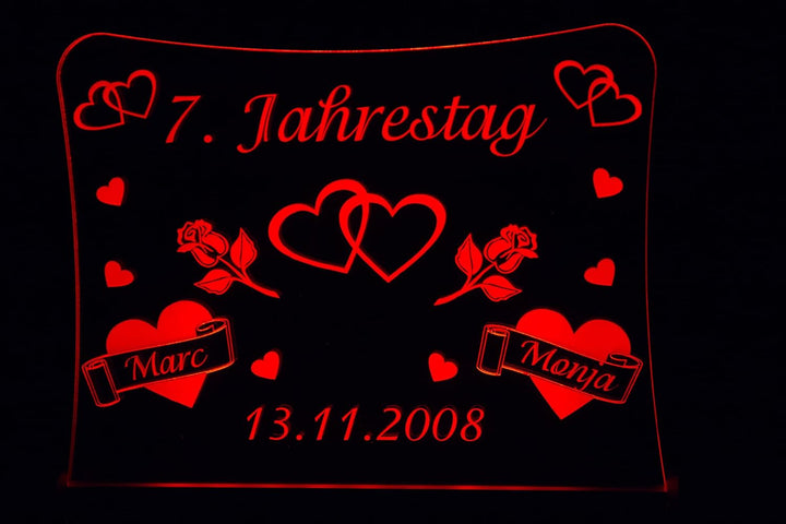 LED Acrylglas Schild "Jahrestag", 30x20 cm, mit persönlicher Laser Gravur (rot), rot