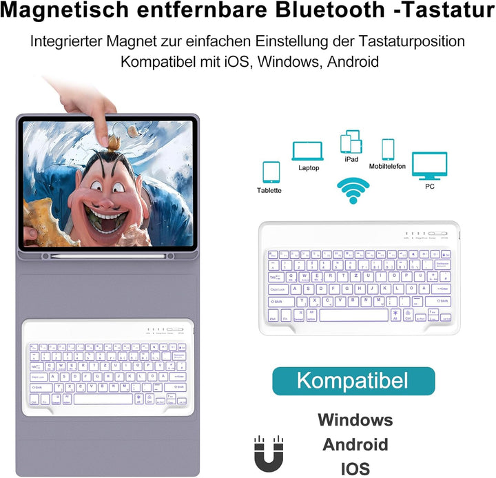 Hülle mit Tastatur für iPad Pro 12.9 (6/5/4/3 Gen), 7 Farben Beleuchtung, Deutsches QWERTZ, Magnetis