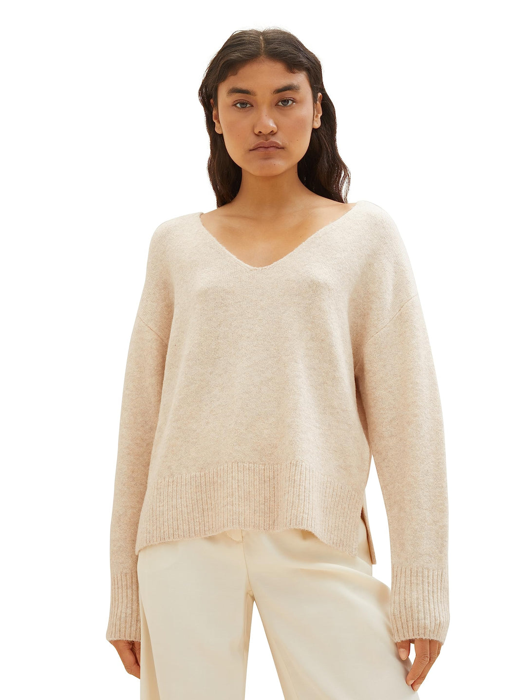 TOM TAILOR Denim Damen Basic Pullover mit V-Ausschnitt S 33803 - Dusty Sand Beige Melange, S 33803 -