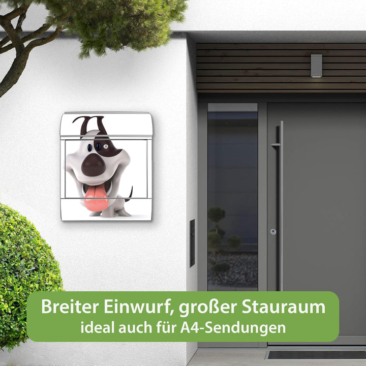 banjado® Design Briefkasten mit Motiv Comic-Hund 39x47x14cm &amp; 2 Schlüssel - Briefkasten Stahl Silber
