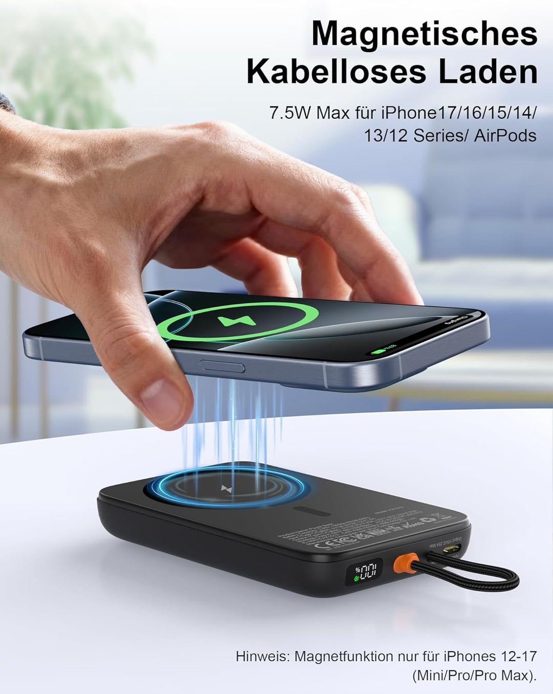 AsperX Magnetische Powerbank für Magsafe: 10000mAh Klein Wireless Power Bank mit 22.5W USB-C Kabel,