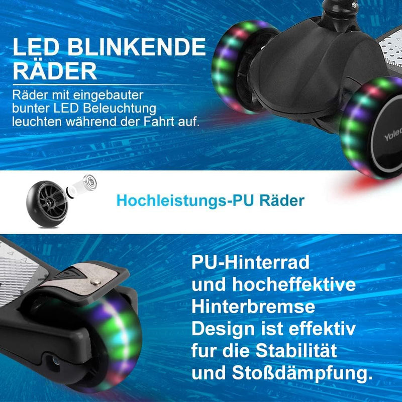 YOLEO Kinderoller Kinderscooter Dreiradscooter mit LED Räder, 2-Rädern Hinterbremsen,4 Höhenverstell