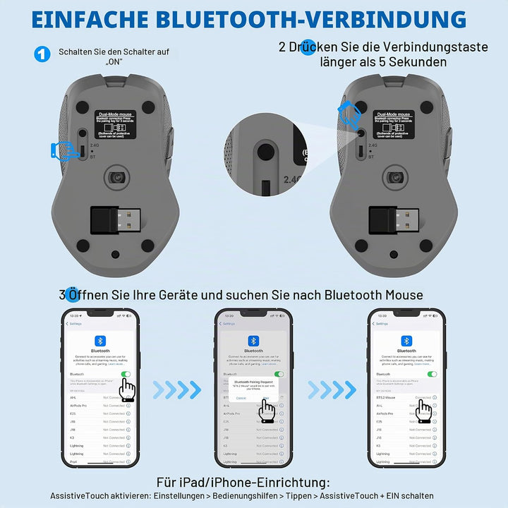 Ergonomische Maus Kabellos für Laptop/PC/MacBook/iPad, 2.4GHz &amp; Bluetooth Büro Stumme Funkmaus, 1600