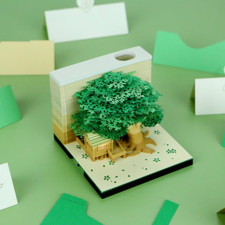 MEICHI 3D Notizblock, nicht verklebt, 3D Baumhaus (Grün) Papierkunst mit Anzeigebox glasklar, 9 x 9