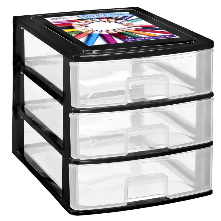 Hummelladen Schubladenbox DIN A4 mit 3 Schubladen 35,5x26,5x26,5 cm - schwarz-transparent Kunststoff