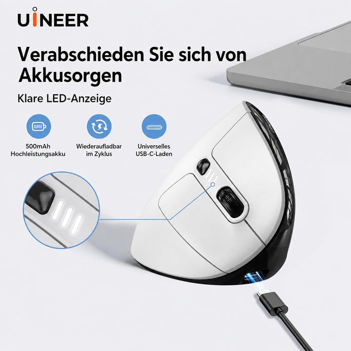 Uineer Ergonomische Maus Kabellos, Vertikale Bluetooth Maus Wiederaufladbar mit Leisem klick, 7 Farb