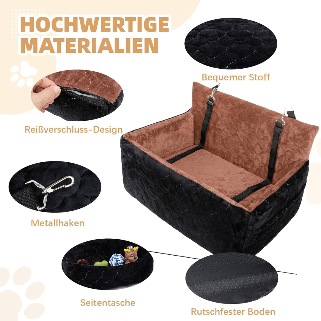Hunde Autositz für mittlerer grosse Hunde,waschbarer Hundebett Auto für den Rücksitz, Braun+schwarz,
