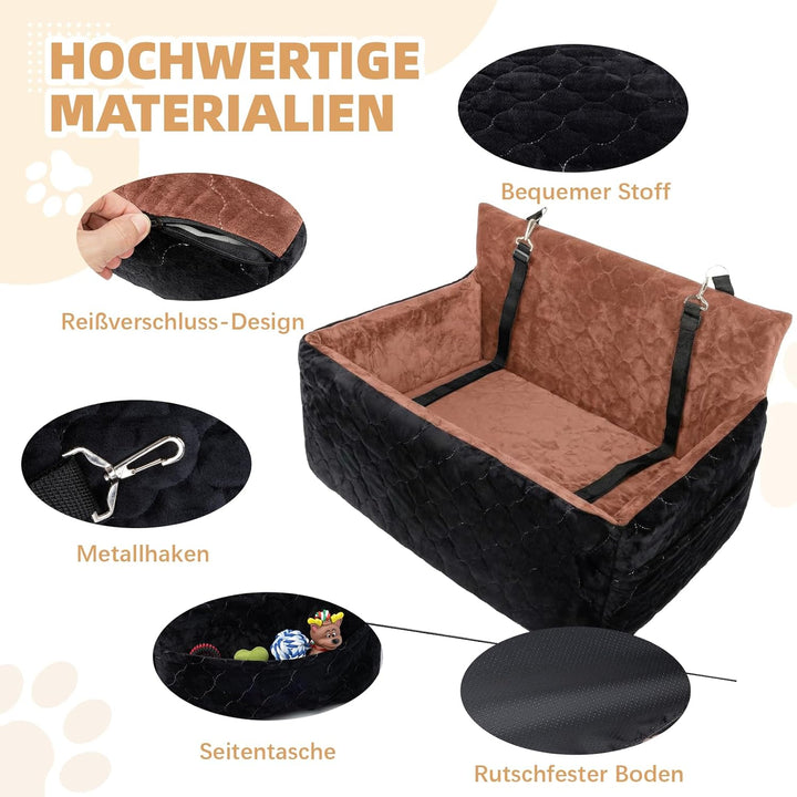 Hunde Autositz für mittlerer grosse Hunde,waschbarer Hundebett Auto für den Rücksitz, Braun+schwarz,