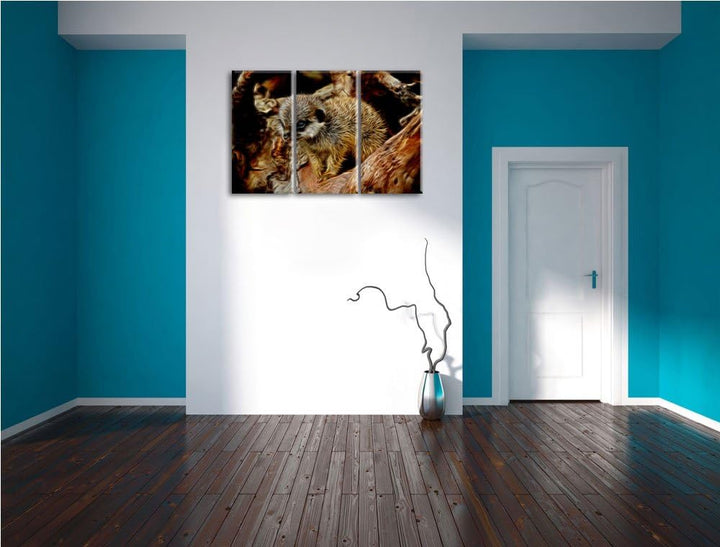 junges Erdmännchen auf Baum NewArt 3-Teiler Leinwandbild 120x80 Bild auf Leinwand, XXL riesige Bilde