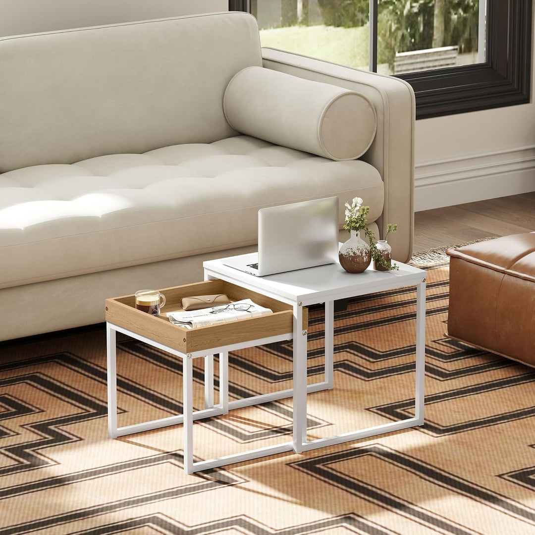 HOMCOM Couchtisch 2er Set Satztisch Quadratischer Beistelltisch mit Abnehmbarem Tablett, Stahlgestel