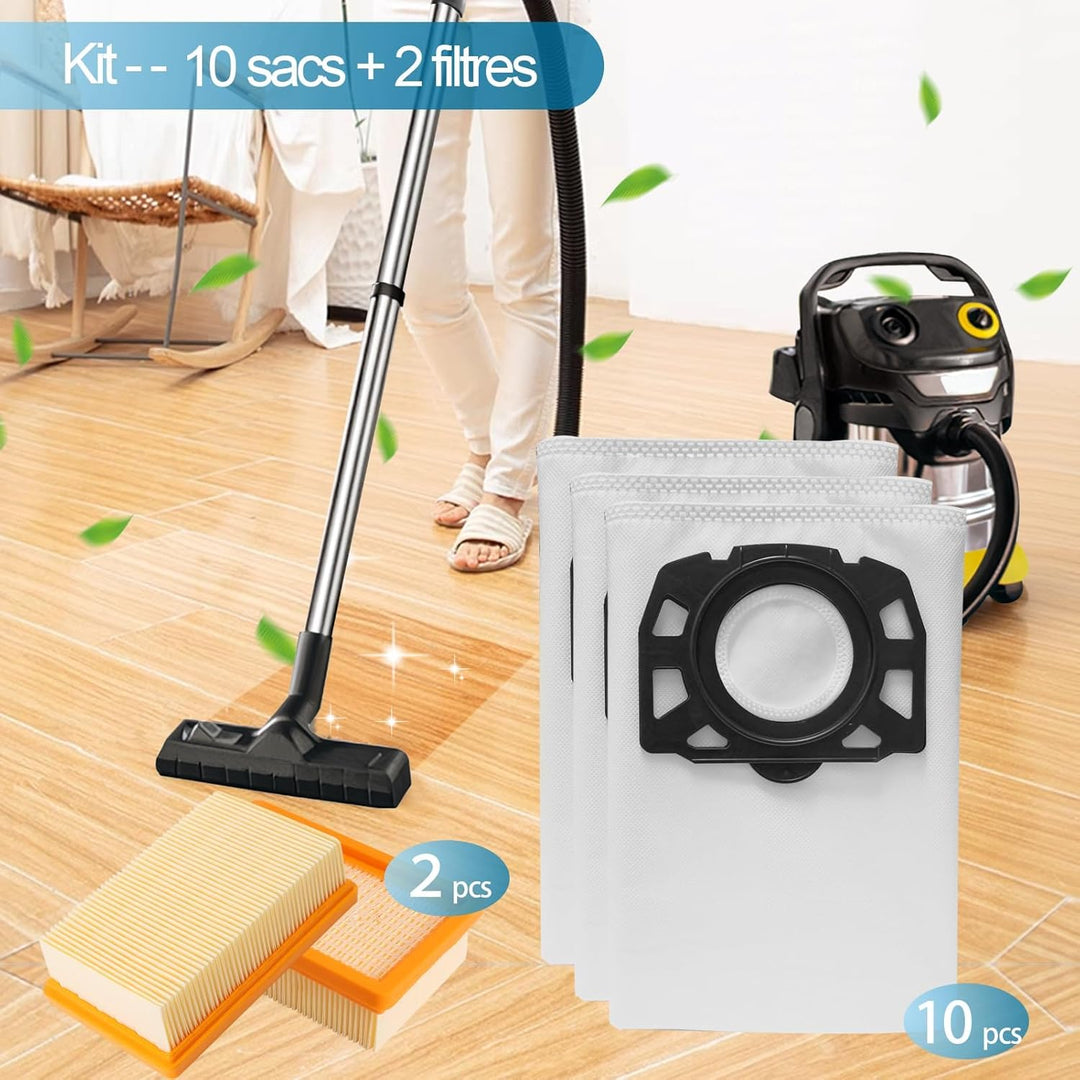 10 Kärcher Staubsaugerbeutel mit 2 Filter Ersatz für Kärcher WD4 WD5 WD6 WD5P WD6P MV4 MV5 MV6, Filt