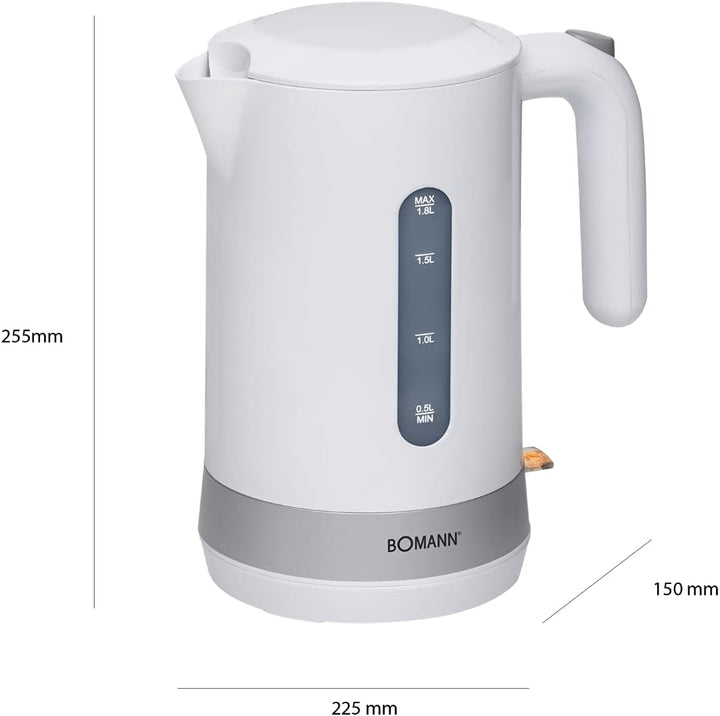 Bomann® Wasserkocher 1,8L Füllmenge, Sicherheitsklappdeckel, Kabellos, Kalkfilter, 360° Steckverbind