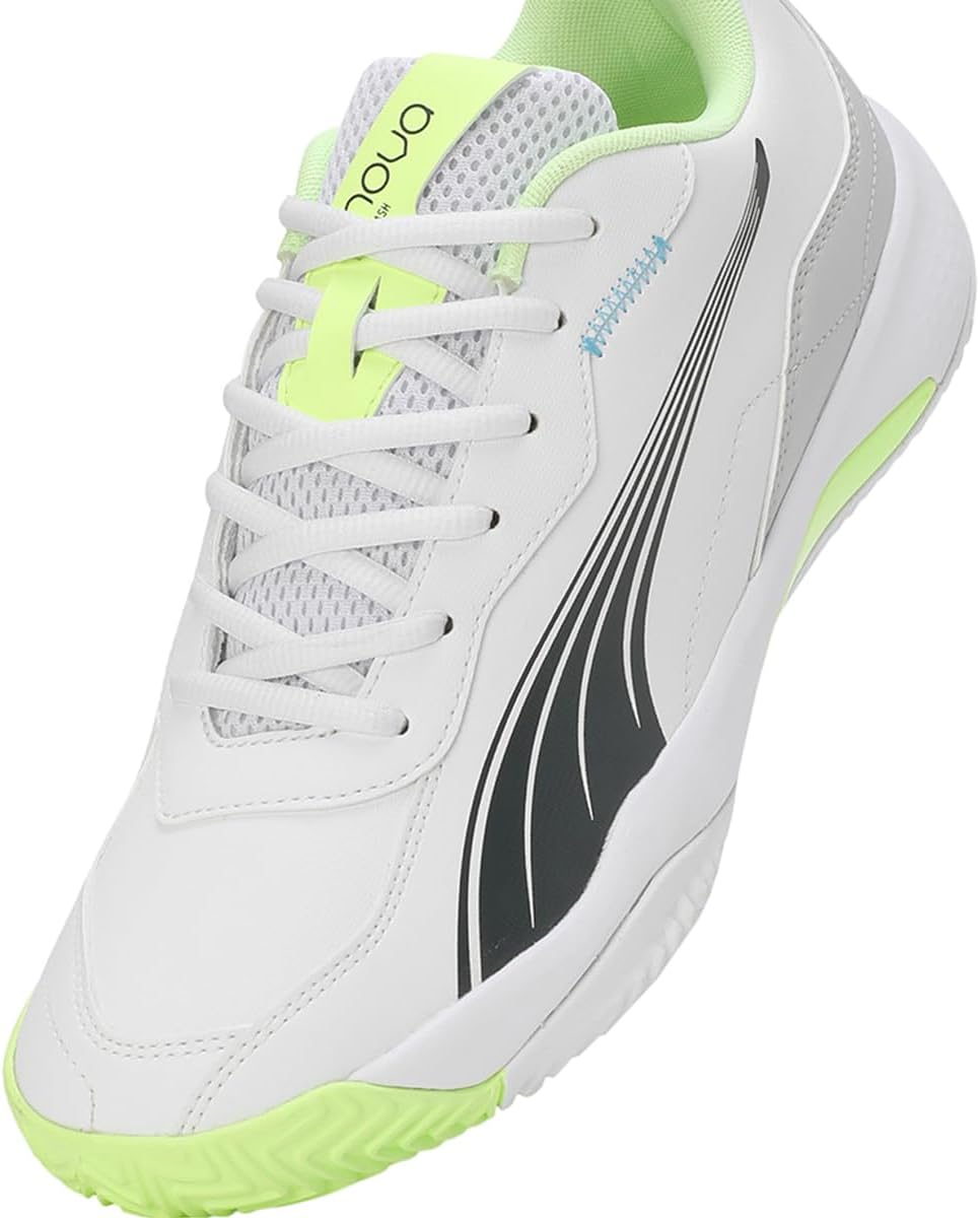 PUMA Unisex Nova SmashTennis Shoe 38 EU Puma White Luminous Blue Fizzy Apple Shadow Gray, 38 EU Puma
