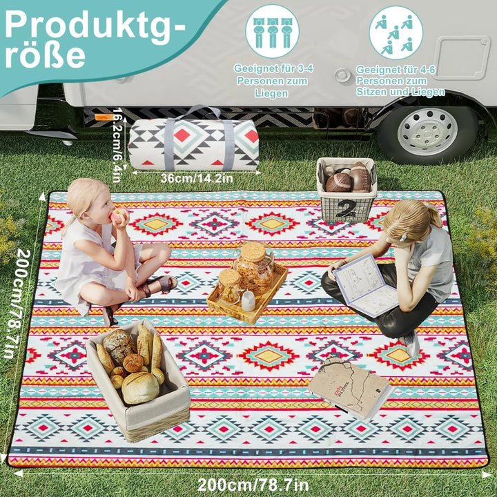 200 x 200 cm Picknickdecke Wasserdicht, Streifen Sandfeste Stranddecke Tragbare Stranddecke XXL Camp