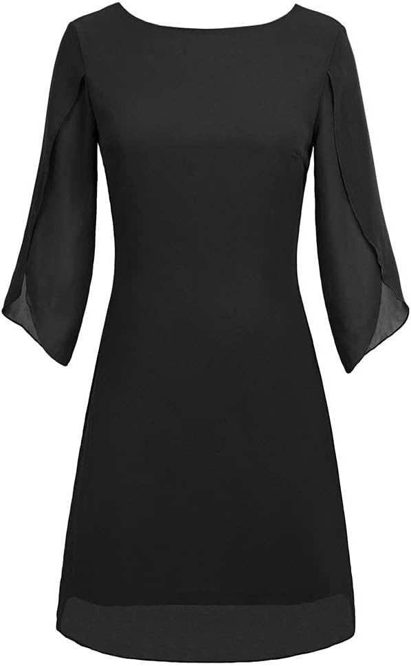 GRACE KARIN Damen Chiffon Kleid 3/4 Ärmel Cocktailkleid Loose Elegant Abendkleid S Schwarz, S Schwar