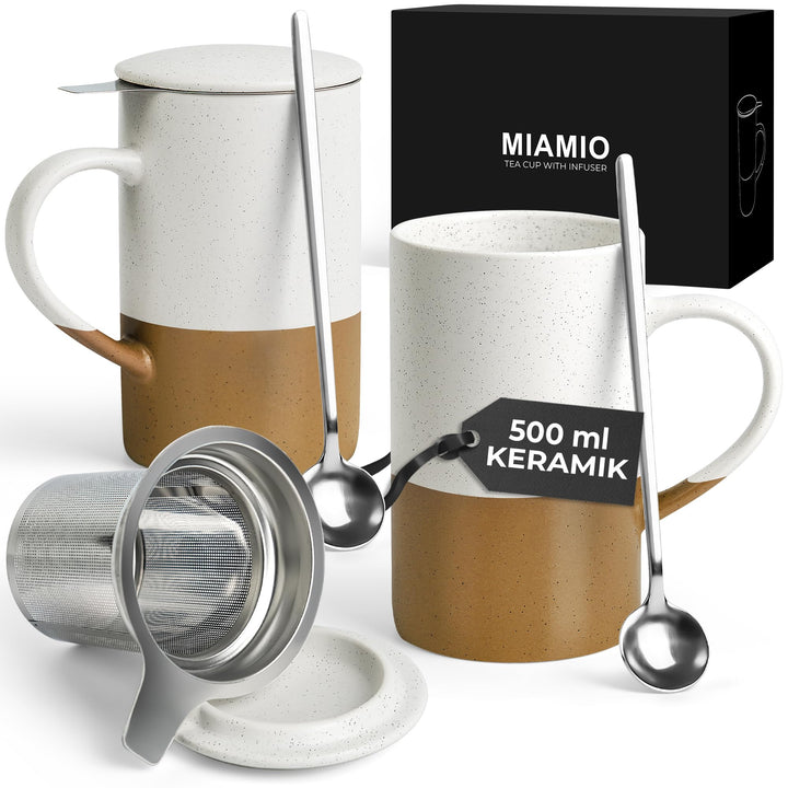 MIAMIO - Tee Tassen Set 2 x 500 ml mit Deckel und Sieb/Keramik Tee Becher mit Teeei und Löffel für d