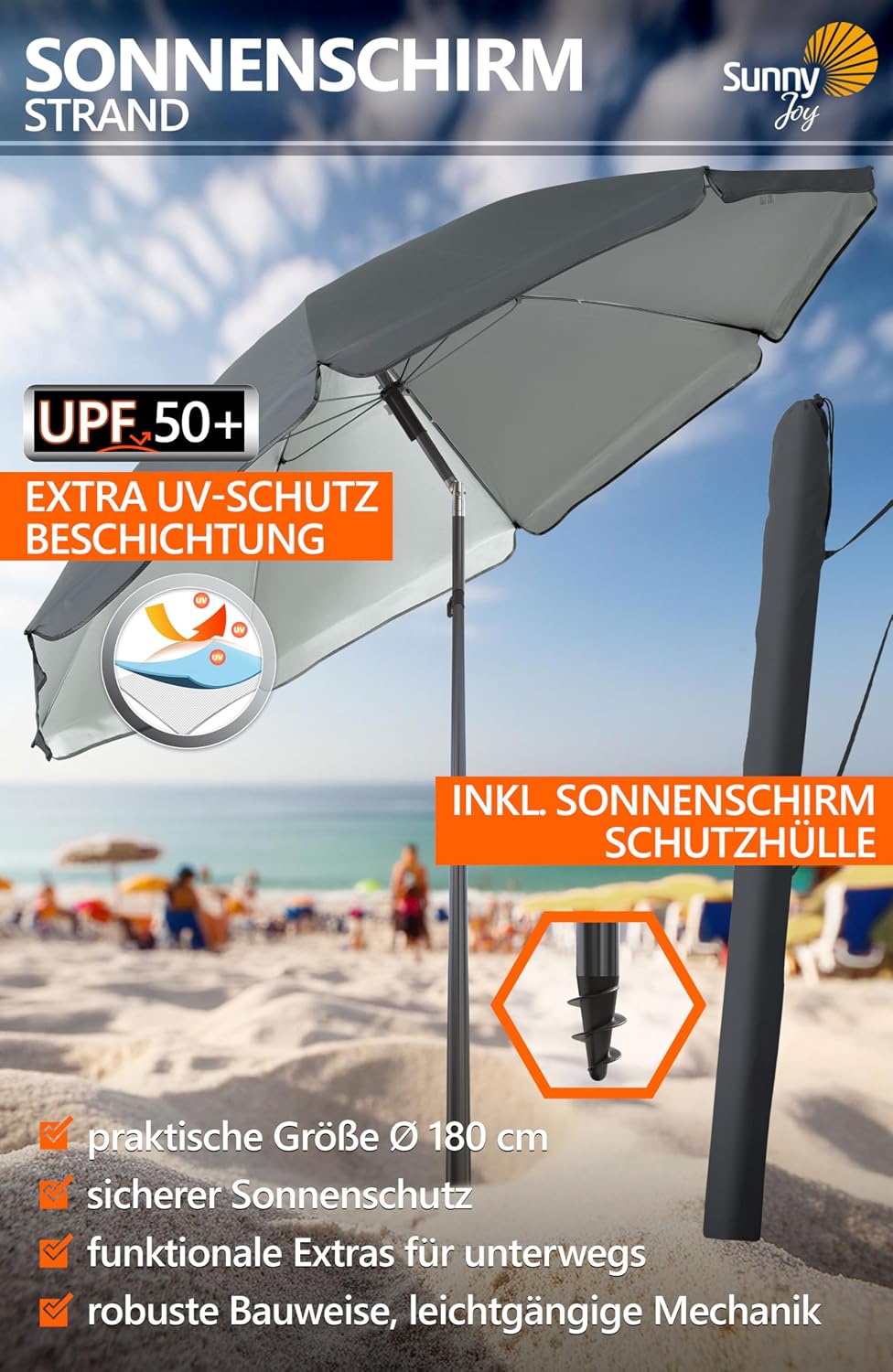 4smile Sonnenschirm Strand Ø 200 cm, Anthrazit | UPF 50+ Strandschirm, sicherer Sonnenschutz Strand,
