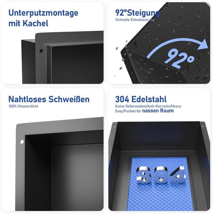 Wandnische Dusche Edelstahl, wasserdichte Nische mit LED-Licht, Eingebettete Duschnische 90x30x10cm,