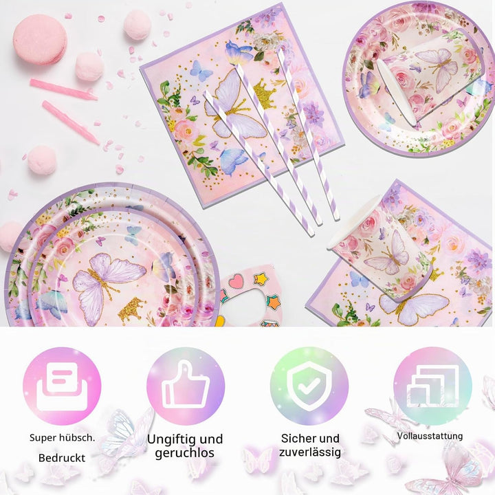 Aitsite 100 Stück Rosa Schmetterling Partygeschirr Set, Schmetterling Partyteller Geburtstag für 20