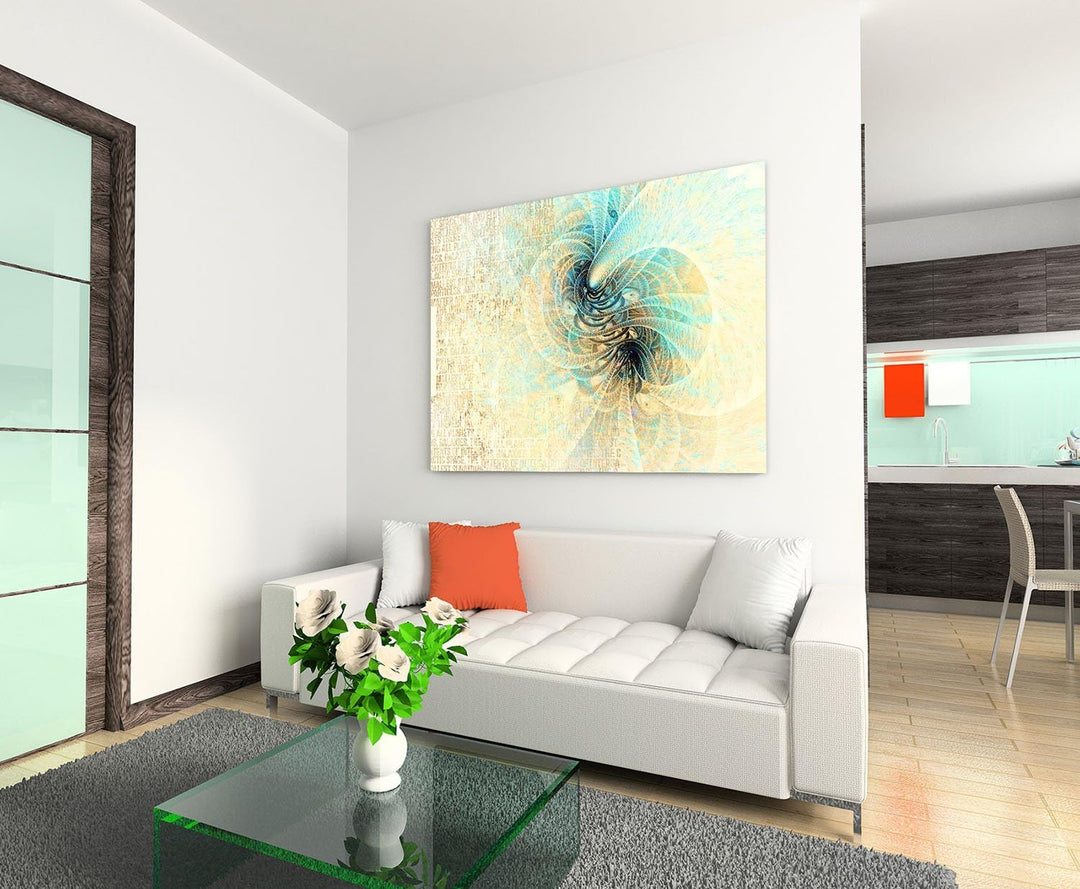 Kunstdruck beige türkis creme Abstrakt417_100x70cm LeinLeinwandbild - Leise Fantasie fertig auf Keil