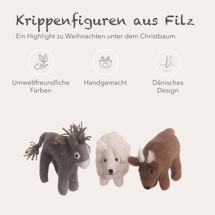 Én Gry &amp; Sif Krippentiere (Esel Schaf Ochse), Krippenfiguren aus Filz, Hand-Made, fair-Trade, Kinder