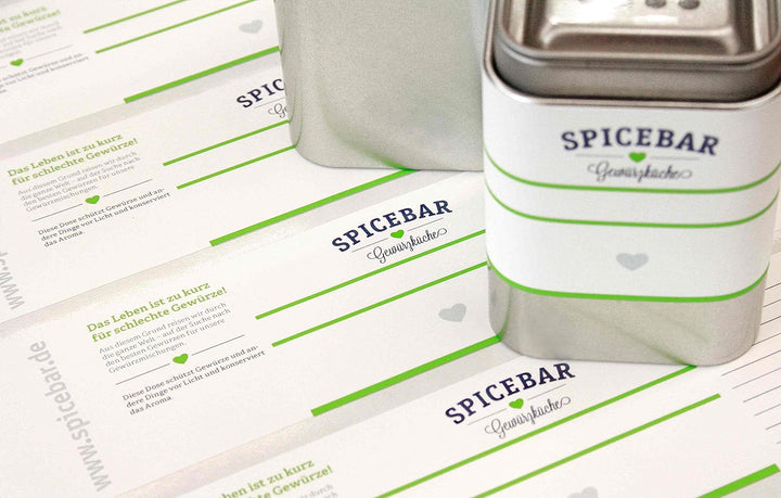 8 Spicebar Gewürzdosen Eckig Set mit Aromadeckel + 8 Etiketten + 4 Streueinsätze, Aromadose Masse: 8