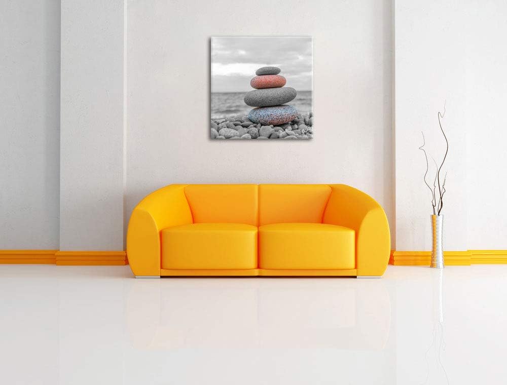 Pixxprint Steinturm auf Steinen als Leinwandbild/Grösse: 70x70 cm/Wandbild/Kunstdruck/fertig bespann