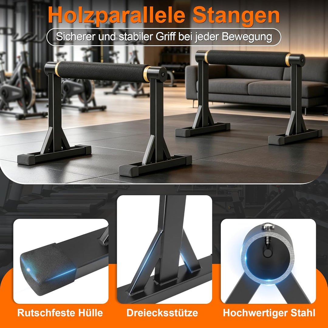 Holz-Parallettes Liegestützstangen, Massivholz-Parallelstäbe mit rutschfestem Griff, robustes Metall