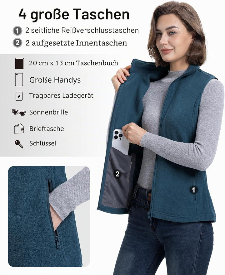 33,000ft Damen Fleece Weste Jacke Standkragen Ultraleicht Outdoor Westen Tops mit Taschen Reissversc