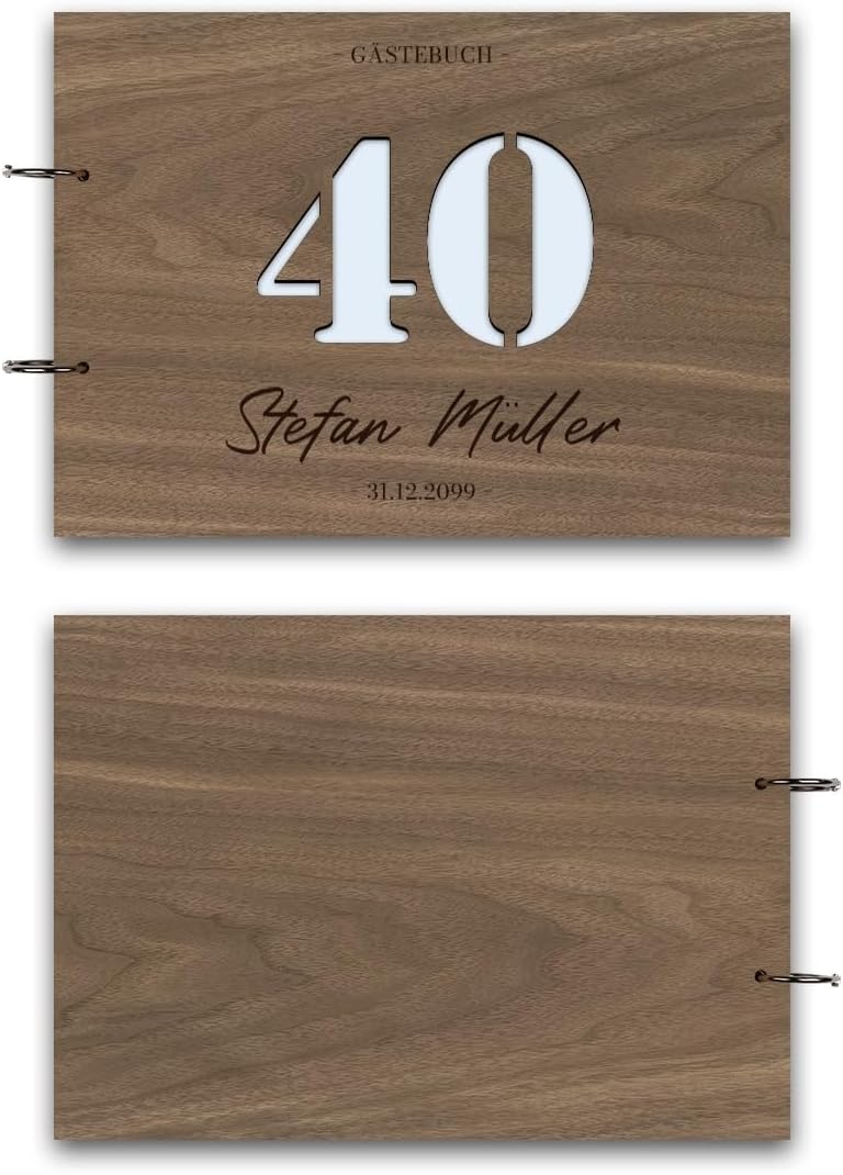 Individuelles Gästebuch zum 40. Geburtstag – Echtes Holz mit Persönlicher Gravur, Zahl ausgestanzt –