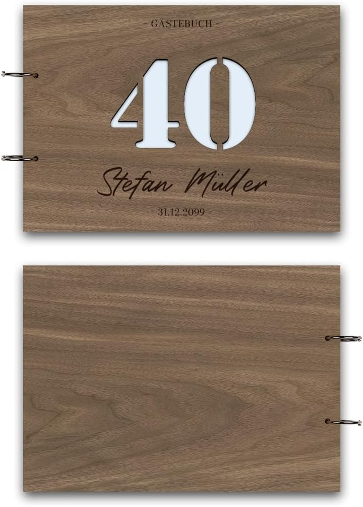 Individuelles Gästebuch zum 40. Geburtstag – Echtes Holz mit Persönlicher Gravur, Zahl ausgestanzt –