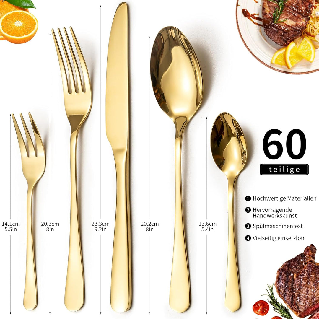 Besteck Set, Edelstahl Spiegelpoliert 60 teilig Besteckset für 12 Personen, Essbesteck Set mit Messe