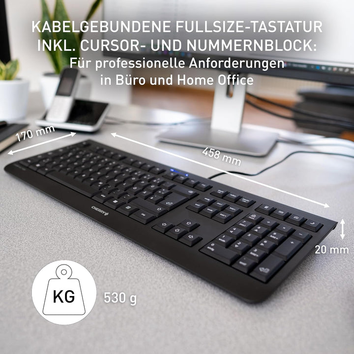 CHERRY KC 1000 - USB Tastatur - Flaches Design - Kabelgebunden - „der Blaue Engel“ - GS-Zulassung -