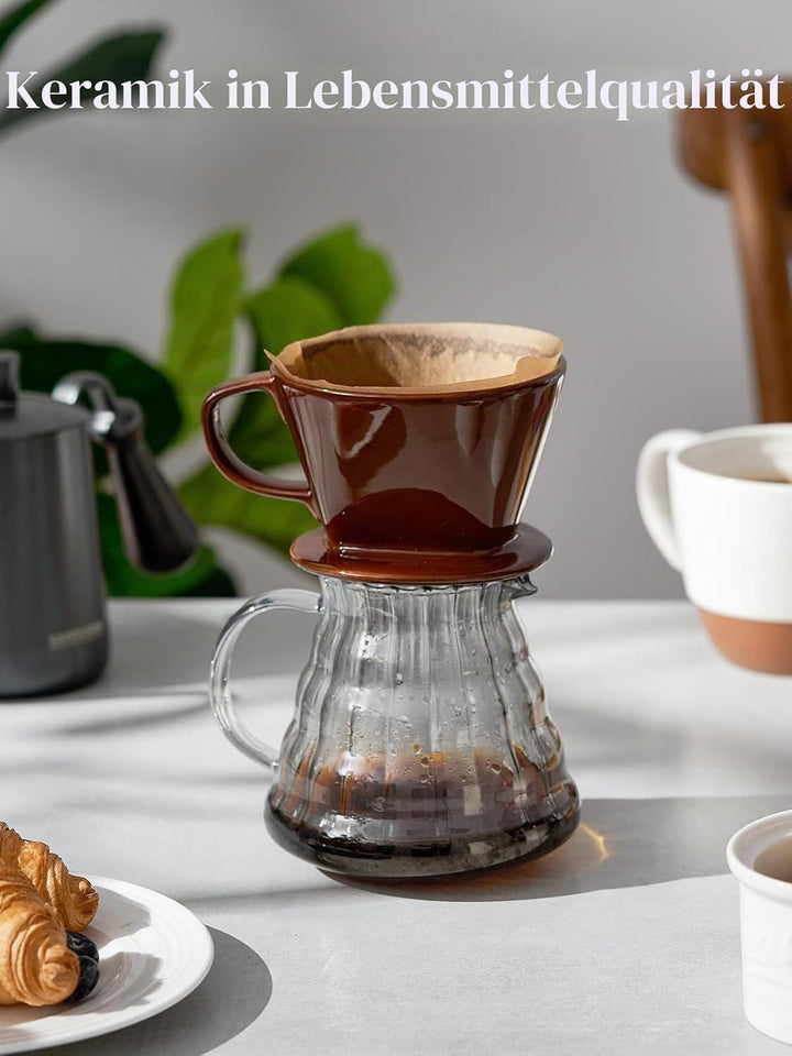 DOWAN Porzellan Kaffeefilter Grösse 2, Permanent Kaffeefilter für 2 Tassen Braun, Braun