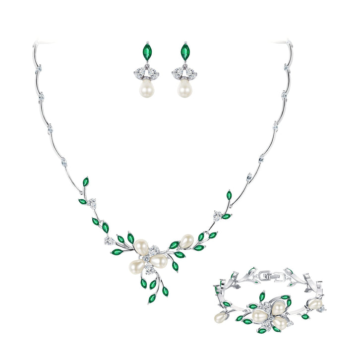 EVER FAITH Zirkon Simulierte Perle Blume Blatt Filigrane Halskette Ohrringe Armband Set Klar Grüne S