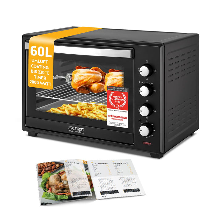 TZS First Austria Minibackofen, 2000 Watt, 60L, mit Innenbeleuchtung, Umluft-Funktion, Drehspiess fü