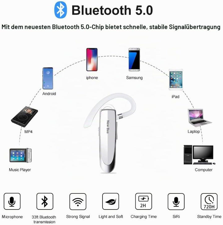 New Bee Bluetooth Headset Wireless Freisprech Telefon | Bluetooth-Headset mit Mikrofon für iPhone Sa