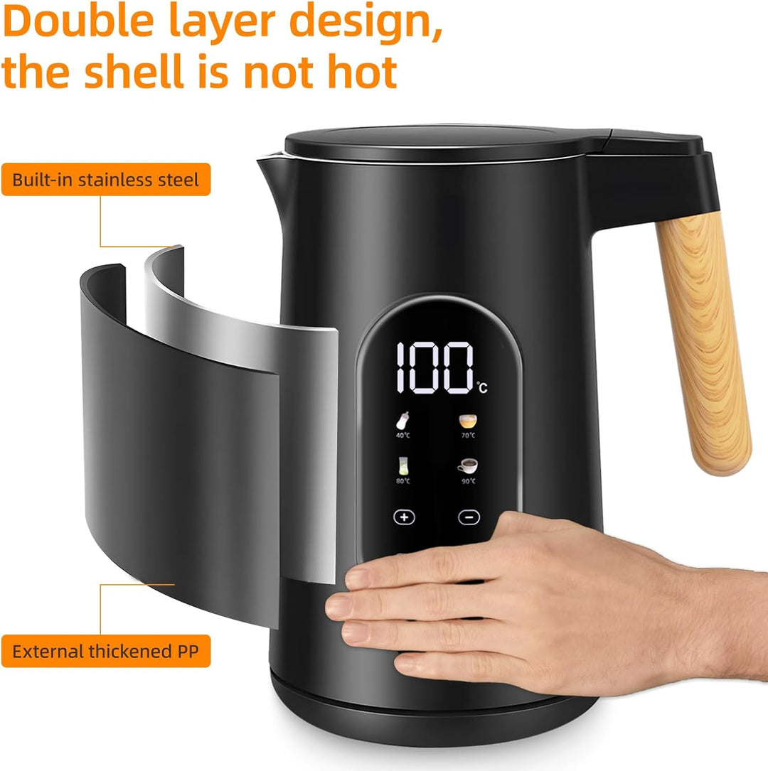 Carehabi Wasserkocher mit Temperatureinstellung 1.7 Liter Wasserkocher Edelstahl Schwarz 40°C-100°C